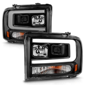 ANZO 99-04 Ford F250/F350/F450/Excursion (excl 99) Projector Headlights - w/ Light Bar Black Housing