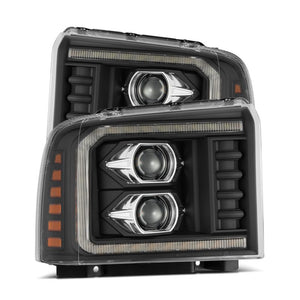 AlphaRex 05-07 Ford F250/350/450/550 Super Duty LUXX LED Proj HL Blk w/Actv Light & Seq Sig + SB DRL