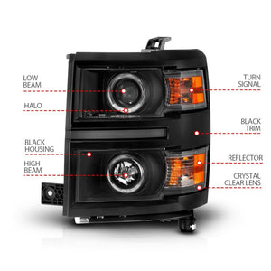 ANZO 14-15 Chevrolet Silverado 1500 Projector Headlights w/ Halo Black Housing w/ Black Trim