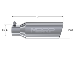 MBRP Universal Tip 4in OD 2.5in Inlet 12in Length Angled Cut Rolled End Clampless No-Weld T304