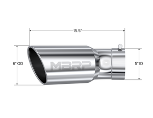 MBRP Universal Tip 6in OD 5in Inlet 15.5in Length 30 Deg Bend Angled Rolled End T304